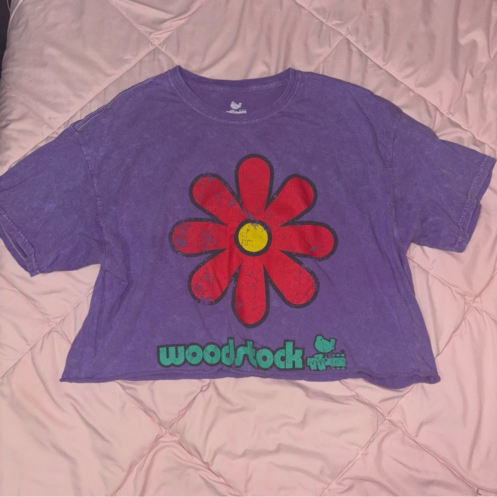Woodstock Purple Boxy Cropped Flower Graphic Tee with Vintage Wash